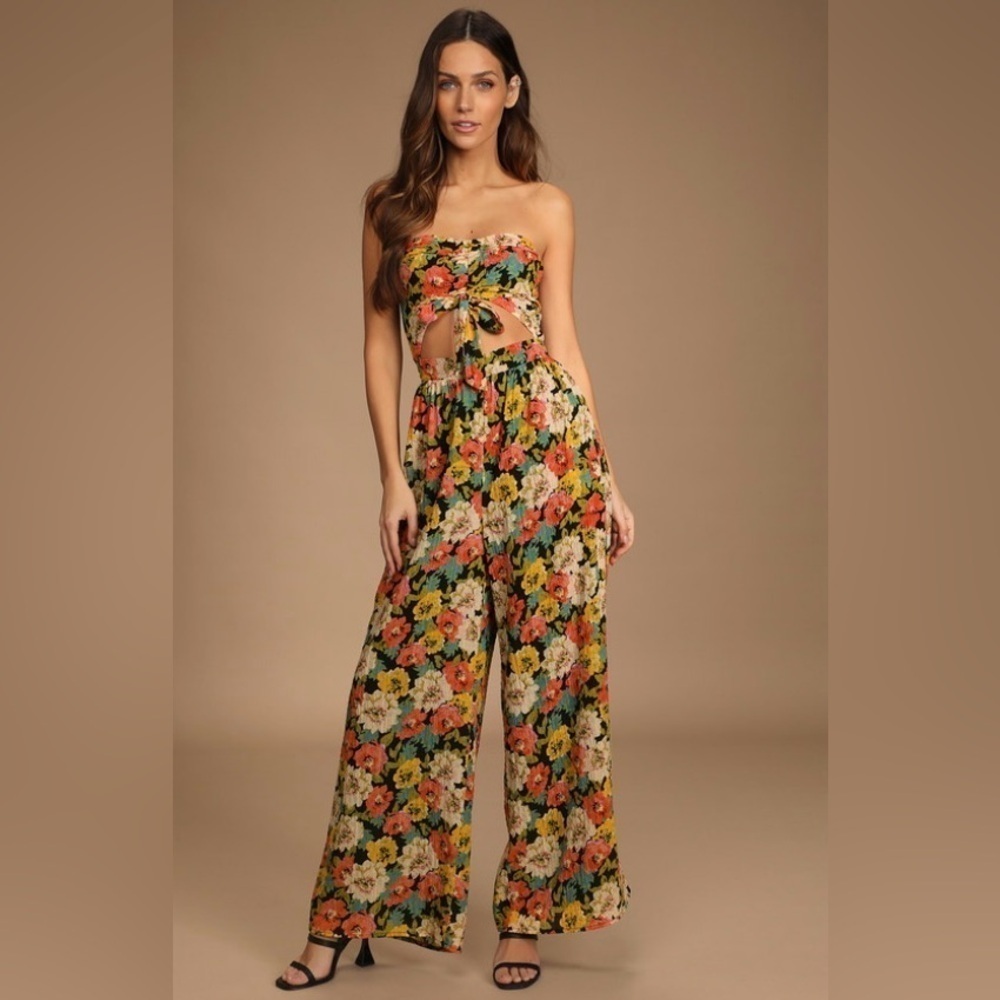 NWT Lulu’s Spring Garden Floral Print Strapless Jumpsuit Black Size XL